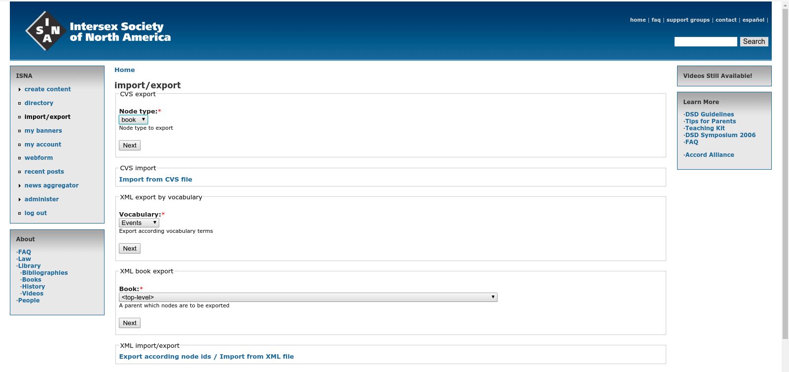 Drupal 4.6 Import / Export Screen