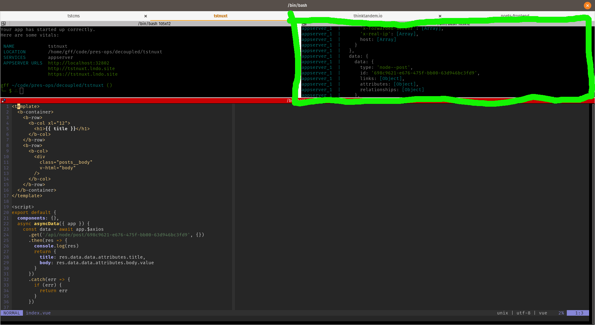 Screeenshot of terminal top right pane with lando log