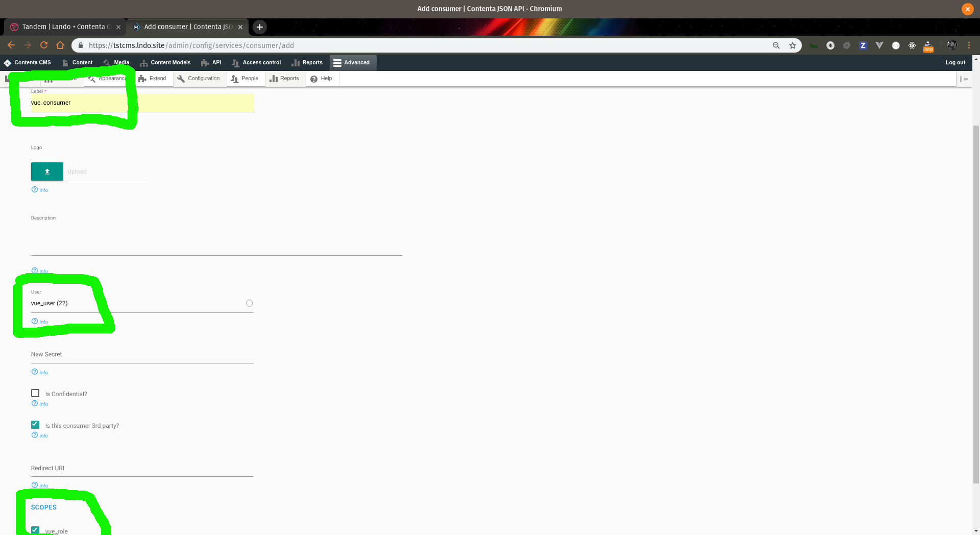 Screeenshot of add consumer add form